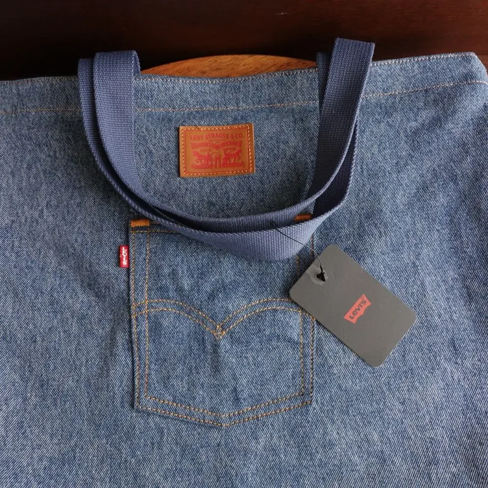 Levis Back Pocket Tote Bag Denim Medium Wash Blue Denim Casual Handbag NWT